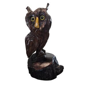 Vintage Wood Owl Hand Carved Hardwood Mid Century Statue Bird Art Collectible